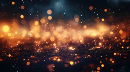 Ethereal Golden Bokeh Overlay with Dark Blue Sky and Sparkling Particles, Abstract Background.