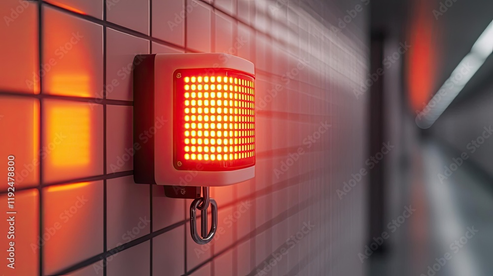 Poster Fire alarm idea. Red warning light illuminating a modern tiled corridor in a subway station.