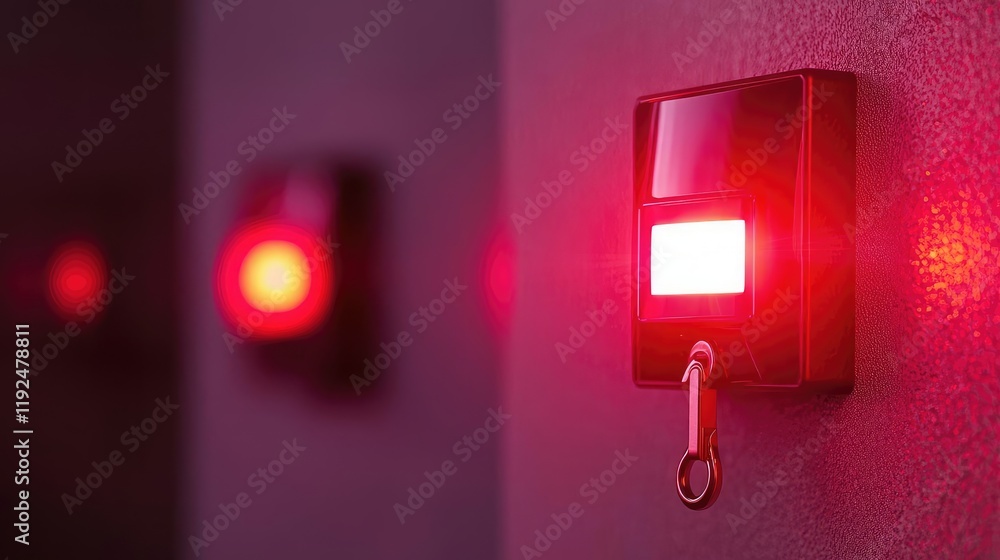 Poster Fire alarm idea. Close-up of a red emergency light switch indicating a warning or alert mode.