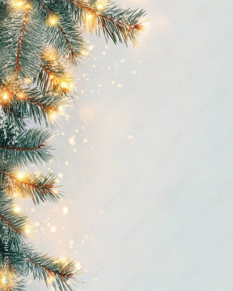 Poster festive evergreen branches with sparkling lights and light dusting of snow on a soft white backgroun