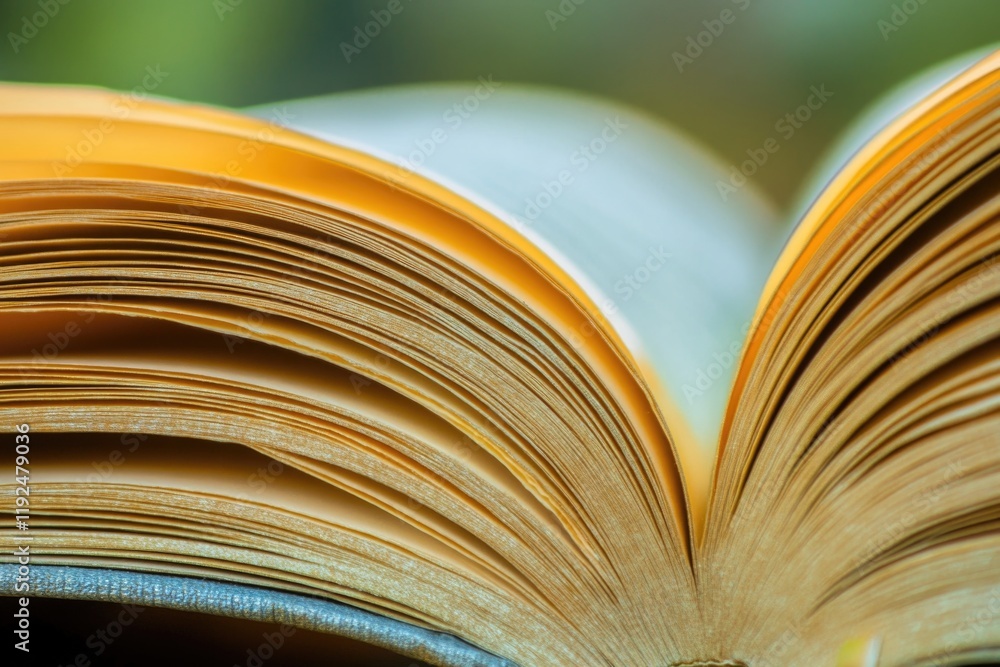 Fototapete a close-up view of an open book lying on a table, with pages turned to reveal the text