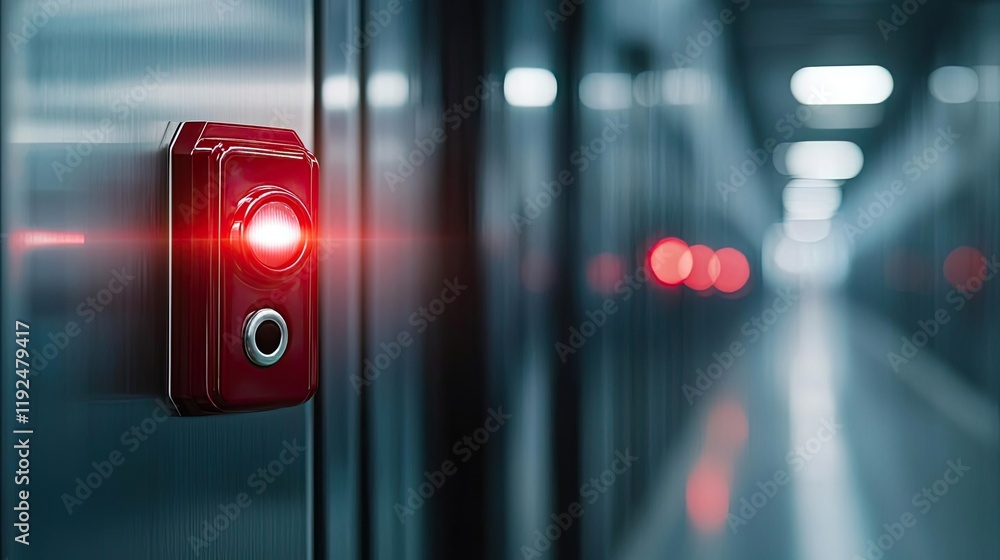 Poster Fire alarm idea. A close-up of a modern emergency button with a glowing red light in a sleek corridor.