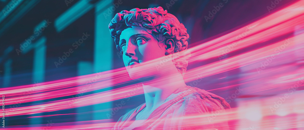 Poster vibrant neon light trails create dynamic energy around classical statues at nighttime