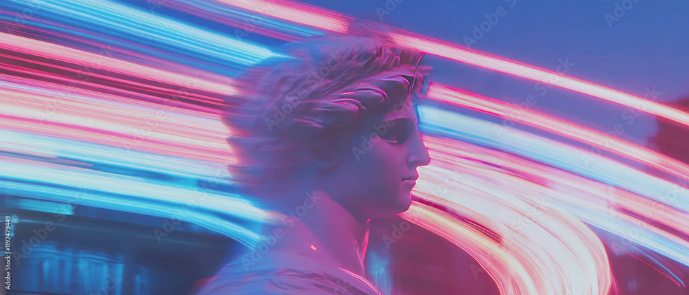 Aufkleber Neon light trails create dynamic movement around statues in an urban setting