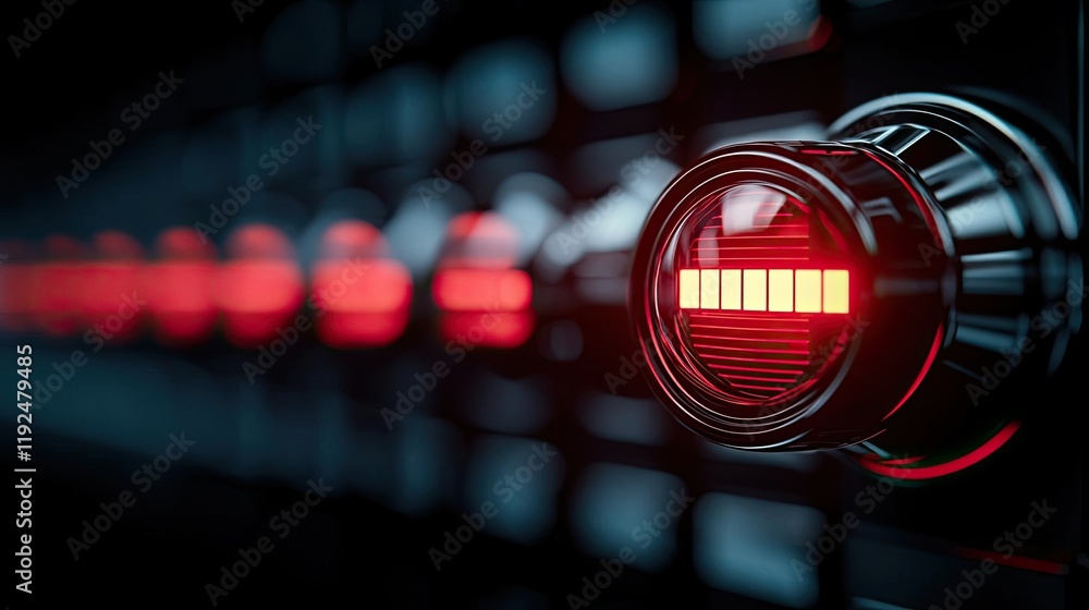 Poster Fire alarm idea. Close-up of a modern audio control knob with red LED lighting.