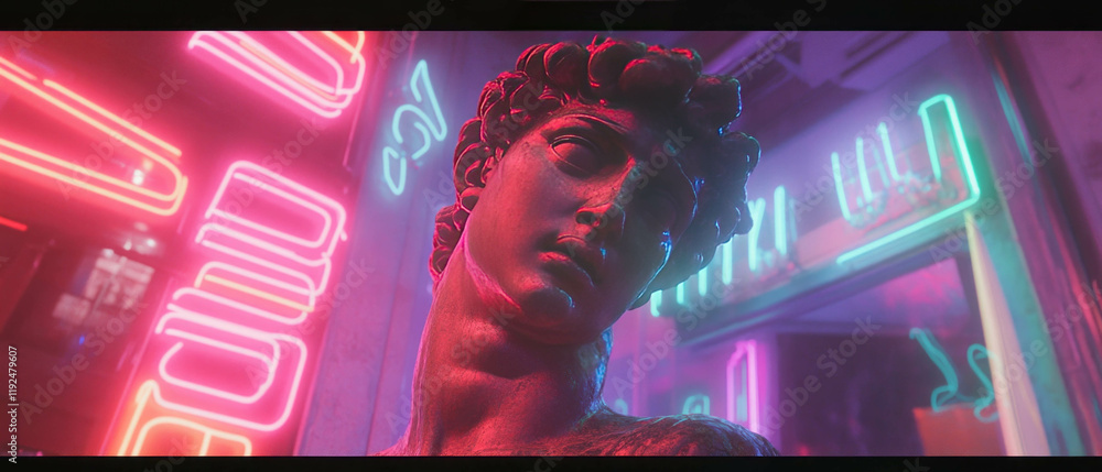 Poster neon words illuminate statues and poetic messages in a vibrant artistic setting