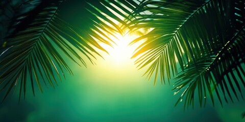 Fototapeta premium Tropical Palm Leaves Silhouette with Backlit Sun Burst on Lush Green Background.