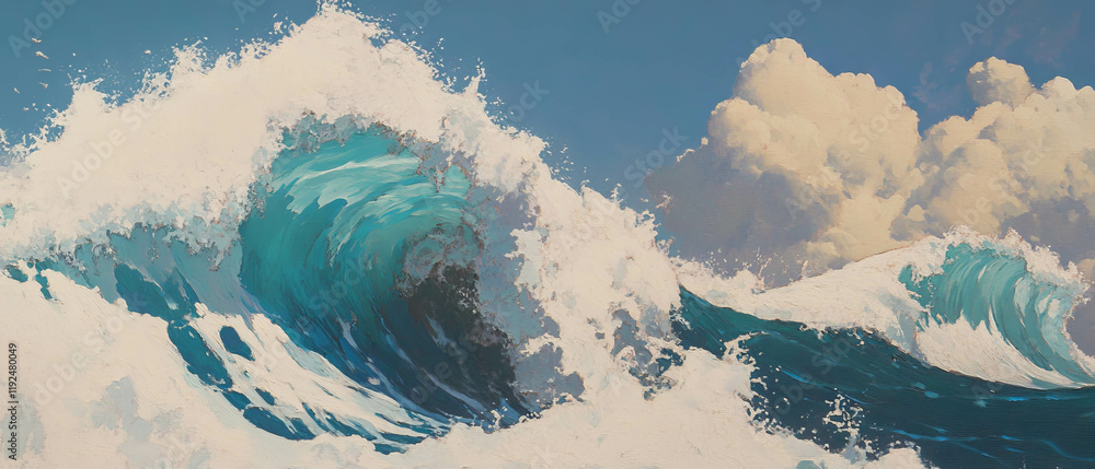Poster dynamic ocean waves crash against the shore under a clear blue sky with fluffy clouds