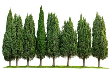 Fototapeta premium A row of green trees standing tall against a white background, perfect for nature-inspired designs and themes
