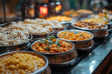 Indian buffet dishes in metal bowls on display