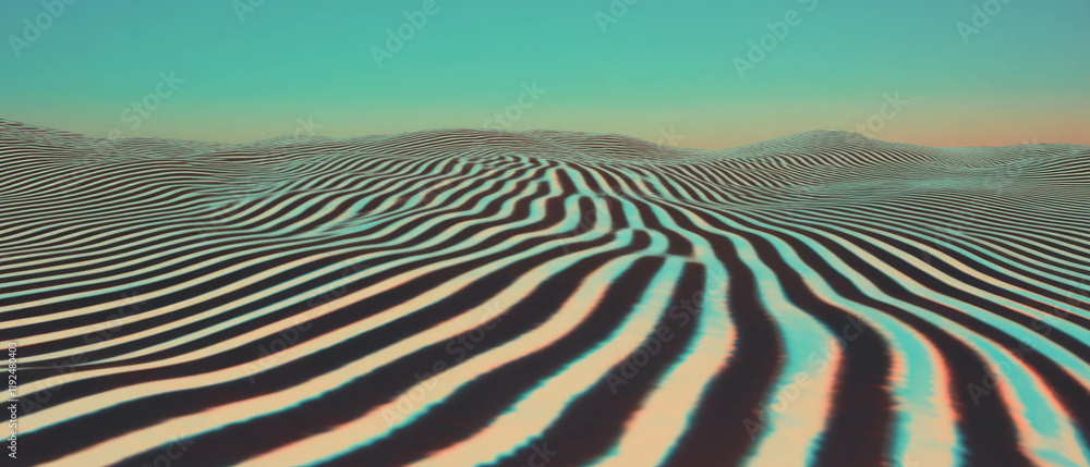 Poster exploring engaging optical illusions and captivating geometric patterns in vibrant landscapes