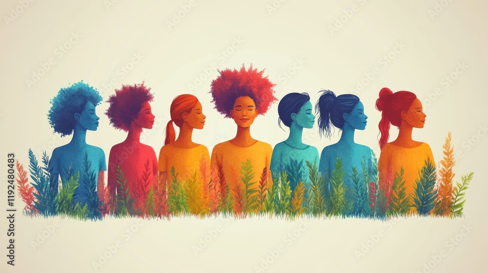 Aufkleber colorful diversity and unity in feminine portraits with multicultural representation surrounded by v