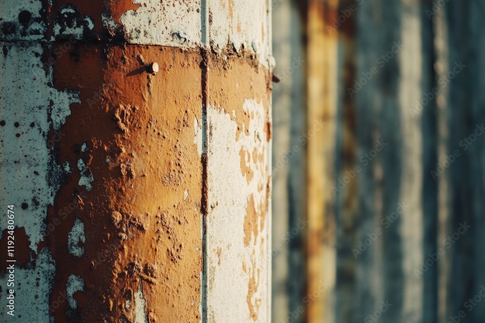 Poster a detailed view of a weathered metal pole with rust and corrosion