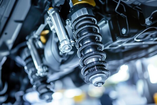 A detailed view of a car's suspension system, ideal for automotive and technical uses