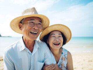 happy asian seniors couple in beach senior man and woman old retired couple relaxing by the Asia sea on sunny day.