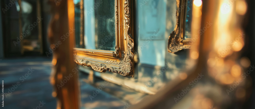 Poster intricate gold frame mirrors reflecting elegance in a vintage setting with warm light