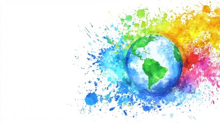 A 3D illustration of Earth with a rainbow, showing the continents and oceans in blue and green