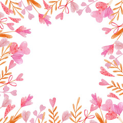 Obraz premium Frame with abstract spring flowers and hearts, isolated watercolor card with love for Valentine's Day, for birthday or romantic message. Hand drawn background with delicate design elements.