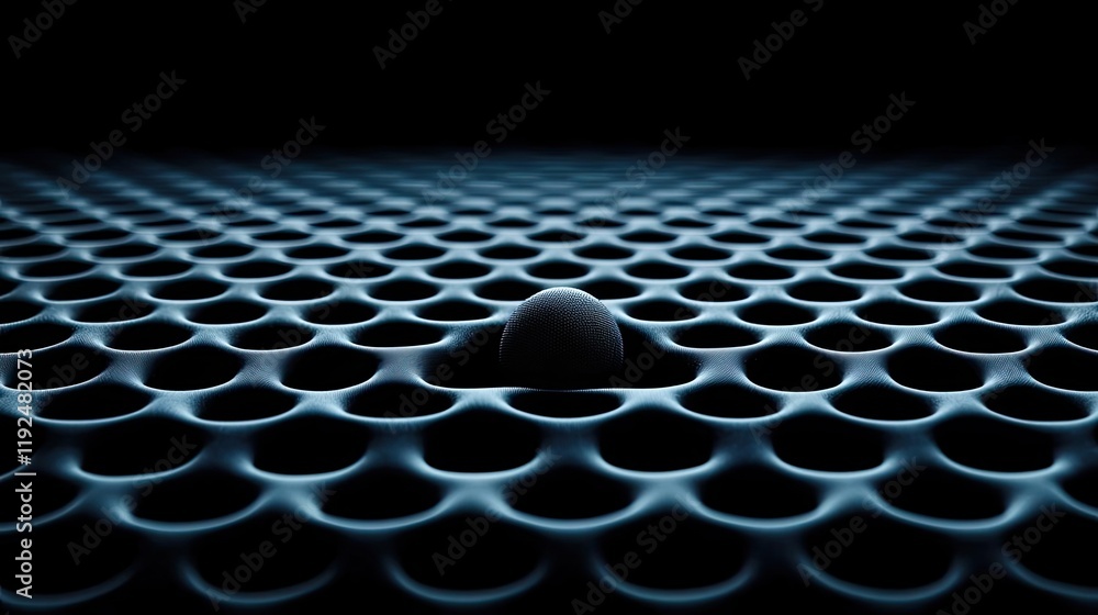 Poster Studio absorber concept. Abstract close-up of a blue textured surface with round patterns and a central sphere.