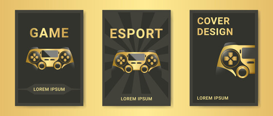 Naklejka premium Gaming background set. Cover template with gold game controller or gold joystick. Esport wallpaper design