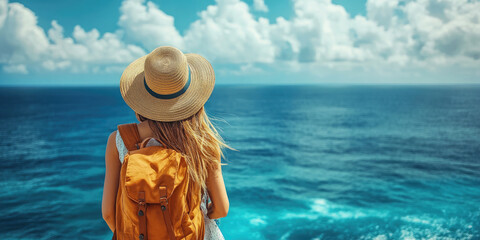 Happy traveler woman with a backpack stands on a tropical beach, enjoying the ocean view on a sunny day. World Tourism Day. Banner. Copy space