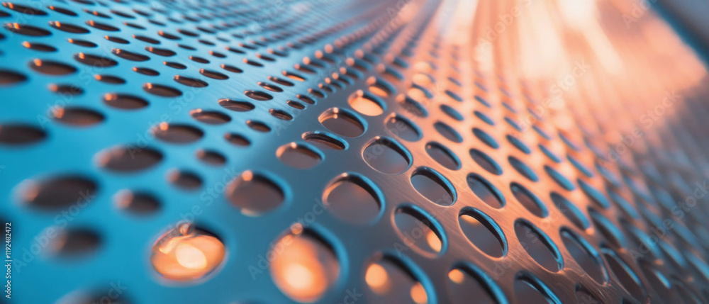 Poster modern design featuring perforated aluminum with intricate hole patterns and technical style