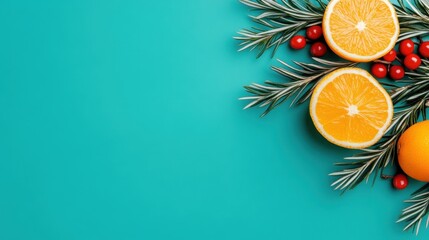 Citrus arrangement with oranges berries on turquoise background