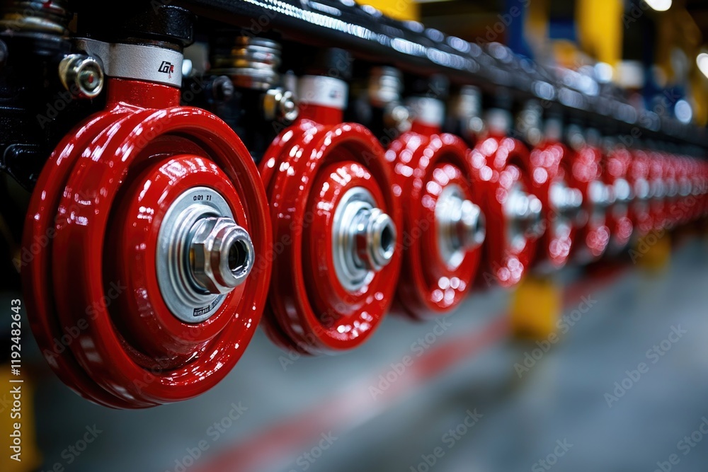 Poster a group of fire hydrants lined up together, bright red and ready for use