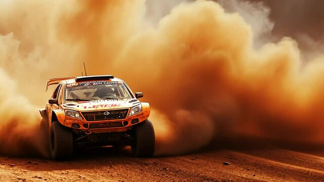 Rally car speeding through desert, kicking up a huge dust cloud.