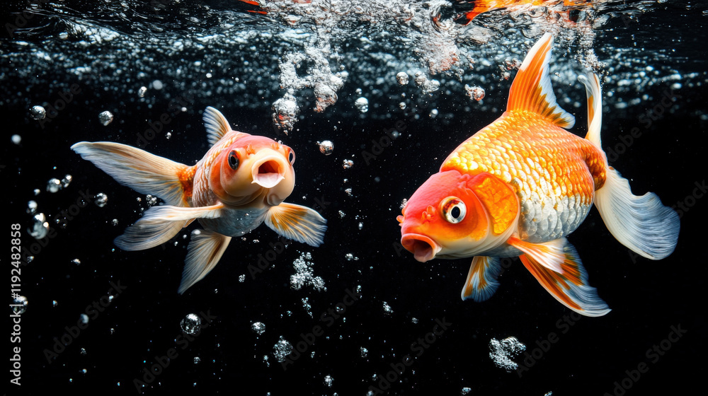 Poster underwater scene featuring two goldfish swimming with bubbles. vibrant colors and dynamic movement c