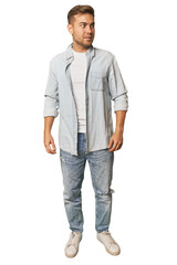 Fototapeta premium Full body shot of a young Caucasian man in a studio setting