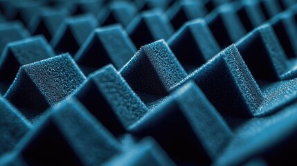 Obraz premium Studio absorber concept. Close-up of acoustic foam panels with a textured, blue surface for soundproofing.
