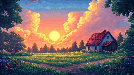 A detailed 3D pixel art scene of a serene countryside with pixelated rolling hills, a small farmhouse, and a vibrant sunset.