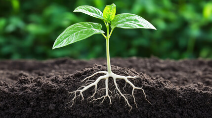 young green plant with roots emerging from dark soil, symbolizing growth and renewal. This captures essence of nature and importance of nurturing life