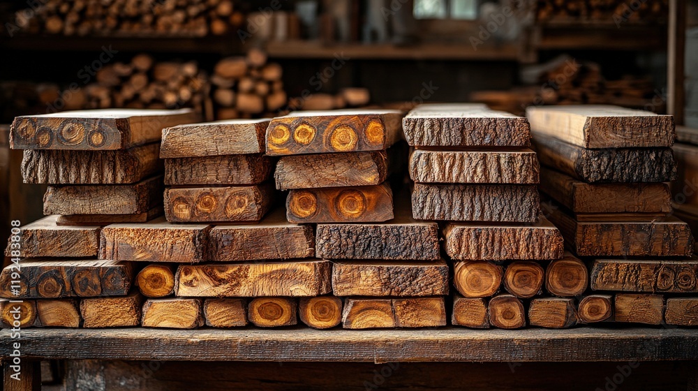 Poster stacked wooden logs in a workshop environment showcasing natural textures and varied grain patterns 