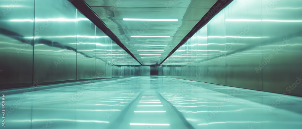 Poster surreal reflections in polished aluminum creating an otherworldly corridor effect