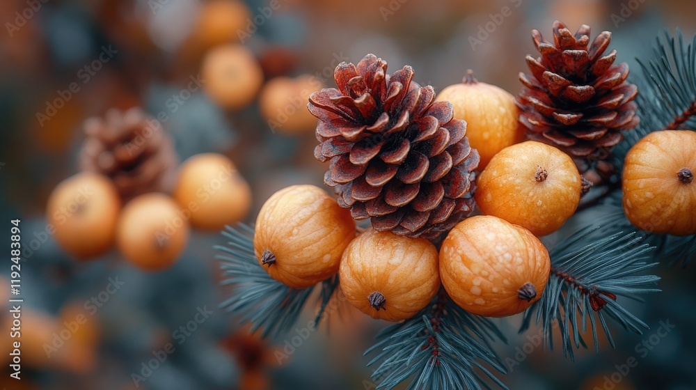 Poster a bundle of oranges and pine cones hanging from a tree branch