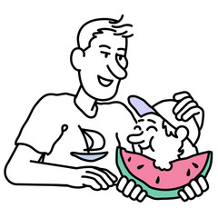 Man and his son eating a watermelon