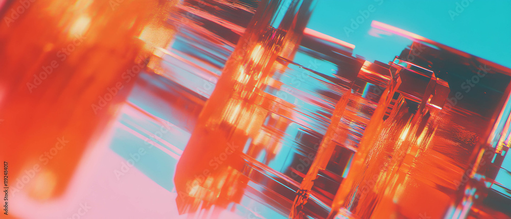 Poster reflective surfaces create abstract patterns and vibrant distortions in bright colors
