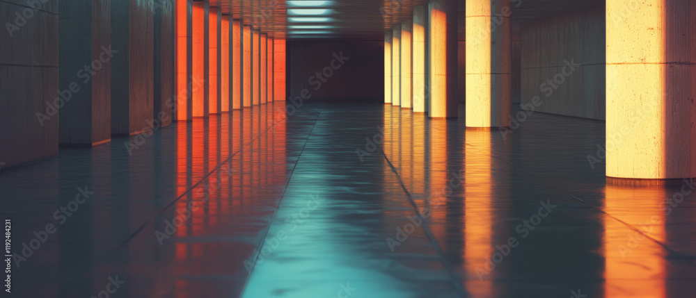 Poster Reflective surfaces create surreal light distortions in an abstract corridor at dusk