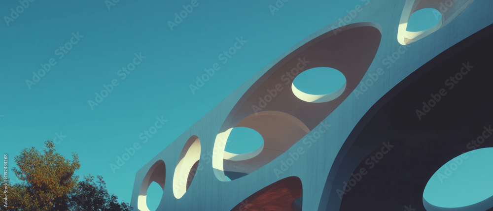 Poster Exploring modular architecture with repeating patterns under a clear blue sky