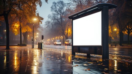 A blank billboard on a rainy street surrounded by autumn trees and city lights.