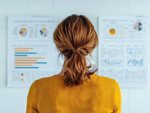 woman in yellow shirt analyzing data charts and graphs on whiteboards in modern office