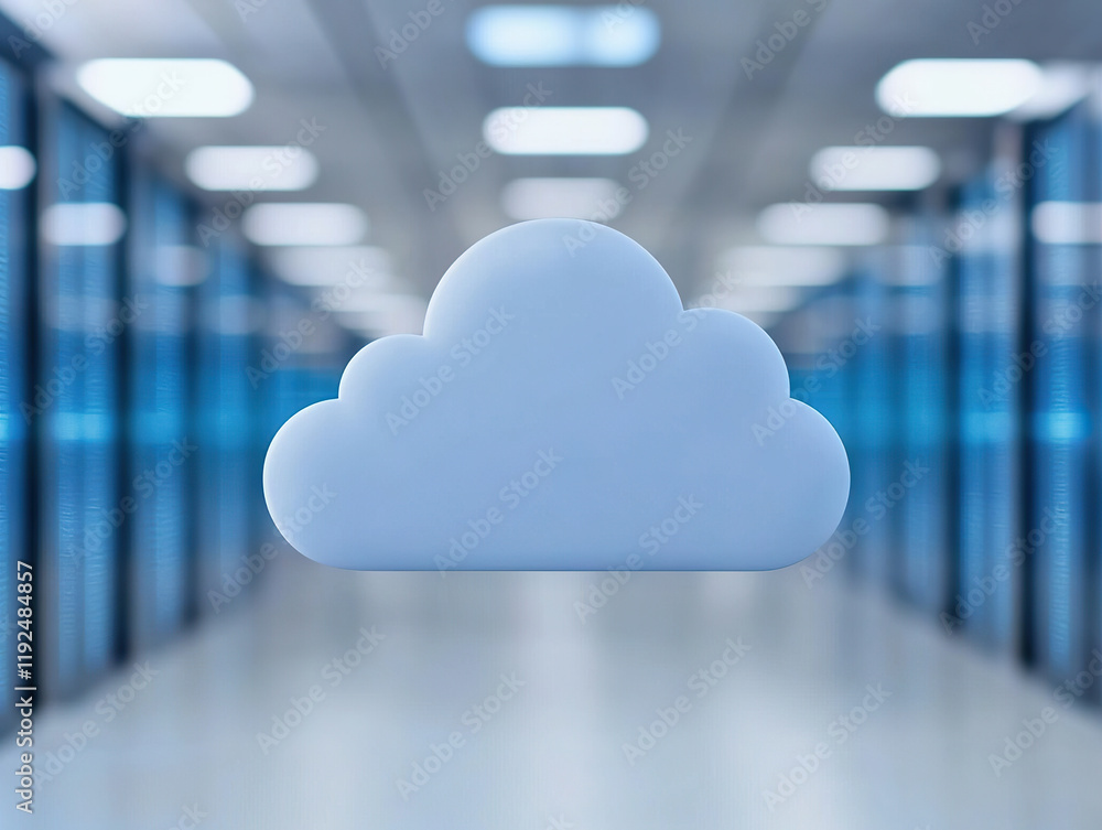 Poster 3d cloud icon floating in modern data center, symbolizing cloud computing and digital transformation