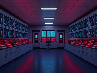 futuristic control room with glowing red and blue screens showcasing advanced technology and analytics