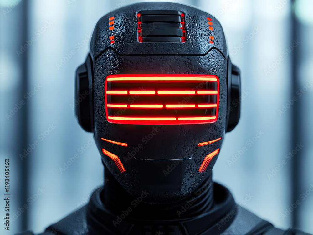 Poster futuristic humanoid robot with glowing red visor and textured metallic surface in high tech setting