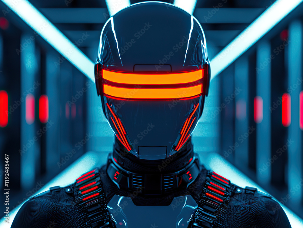 Poster futuristic humanoid robot with glowing red visor in high tech corridor, showcasing advanced ai techn