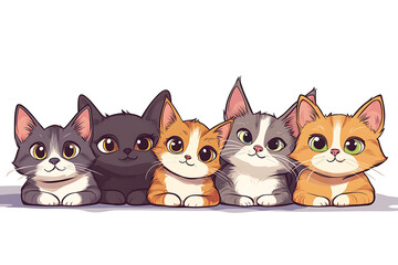 Fototapeta premium A cute illustration of five cartoon cats with expressive eyes and playful poses.