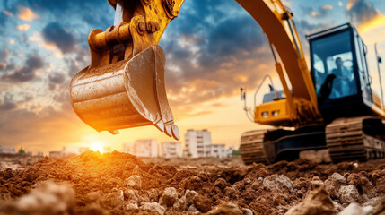 Excavator digging soil at sunset, showcasing construction machinery in action. vibrant sky and urban backdrop enhance industrial scene dynamic atmosphere