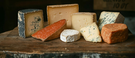 Fototapeta premium Selection of gourmet cheeses and crackers arranged on a rustic wooden board
